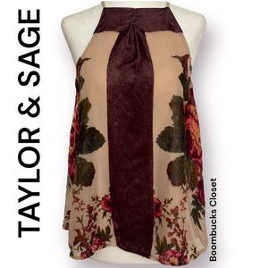 Anthropologie Taylor and Sage halter top Floral cream Maroon